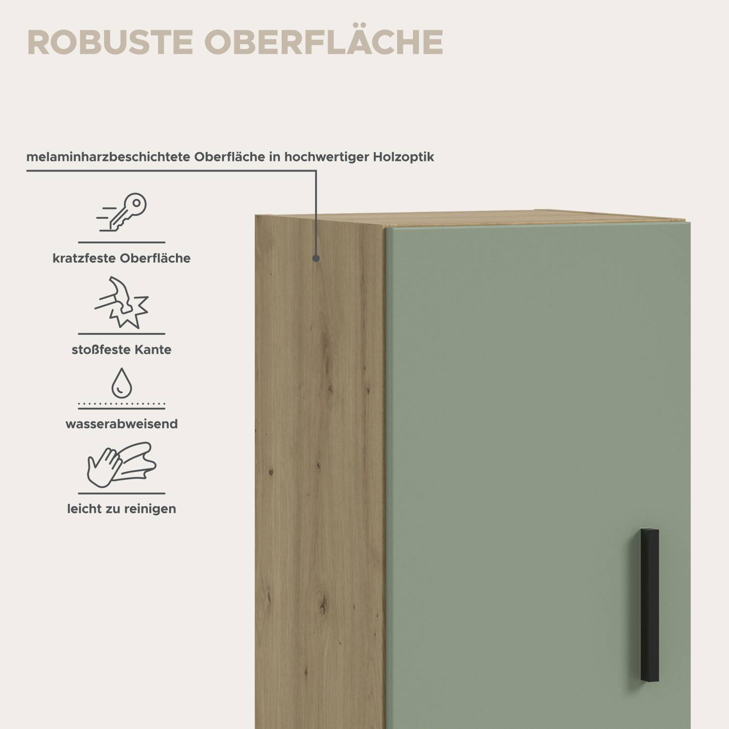 Robuste, melaminharzbeschichtete Oberfläche in Holzoptik, kratzfest und wasserabweisend – Jonni