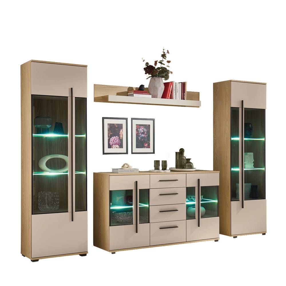 Wohnzimmervitrinen Set und Wandboard modern - Raisa (vierteilig)