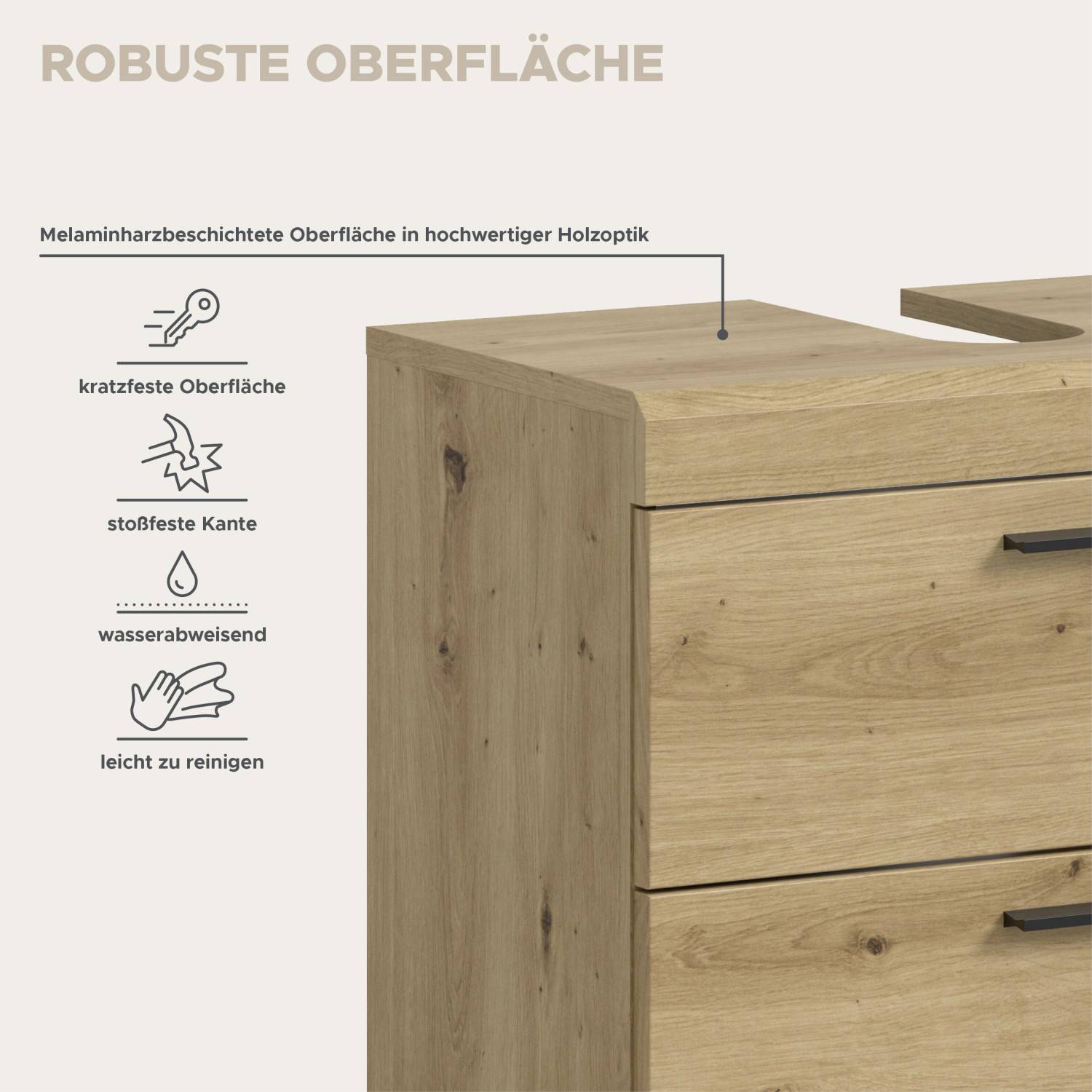Robuste, kratzfeste Oberfläche des Badschranks in Melaminharzbeschichtung mit Holzoptik und stoßfester Kante – Lasewood