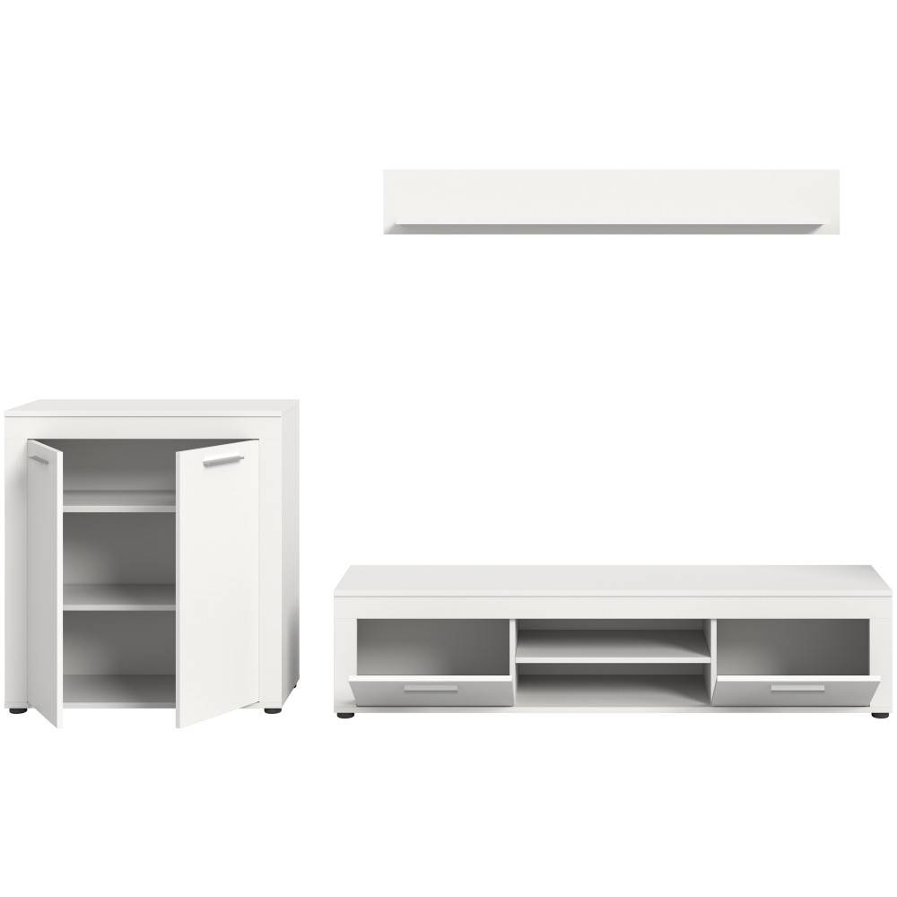 Dreiteiliges weißes Fernsehmöbel mit TV-Lowboard, Hochschrank und Wandregal – Furoro
