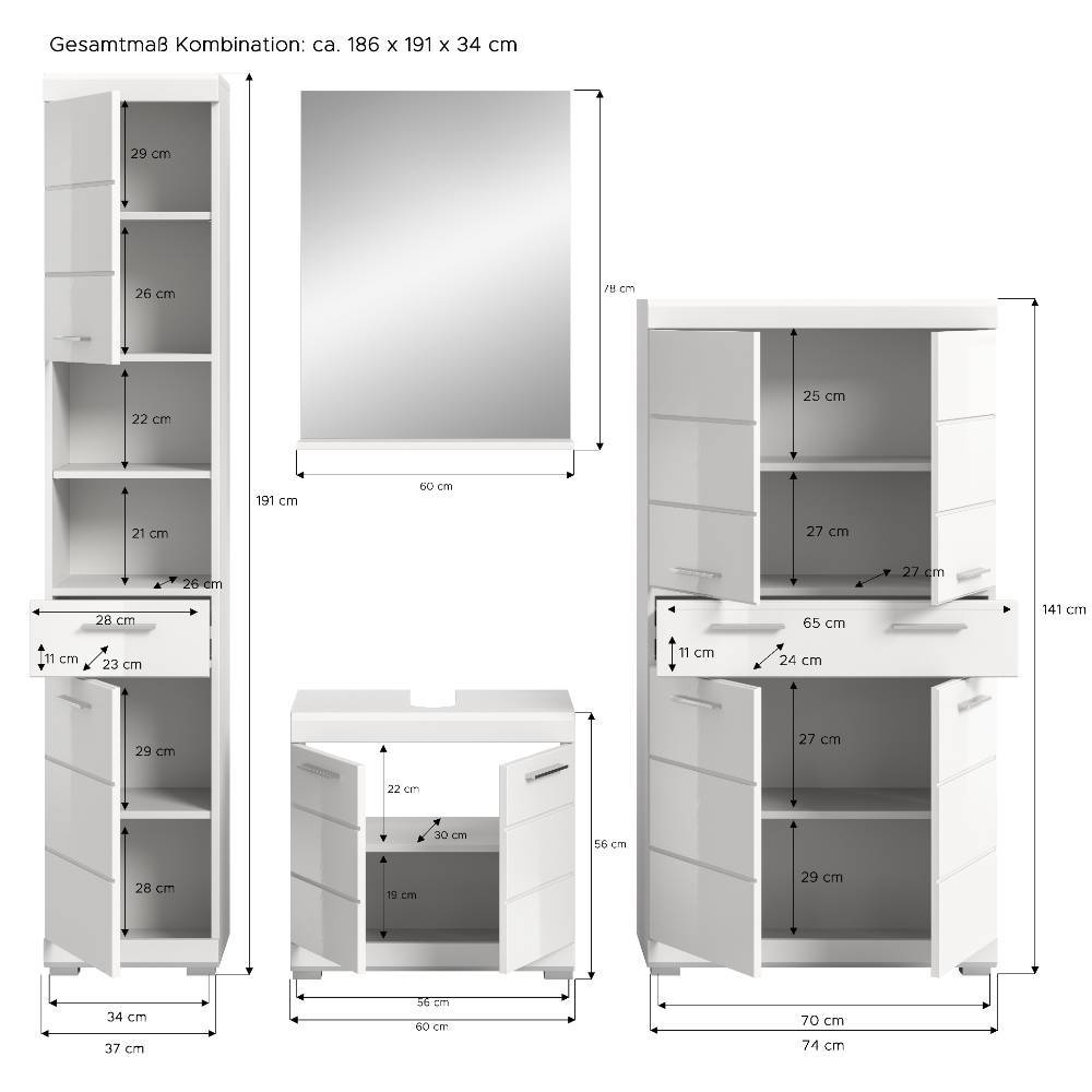 Weiße Badezimmermöbel als Set - Henriette (vierteilig)