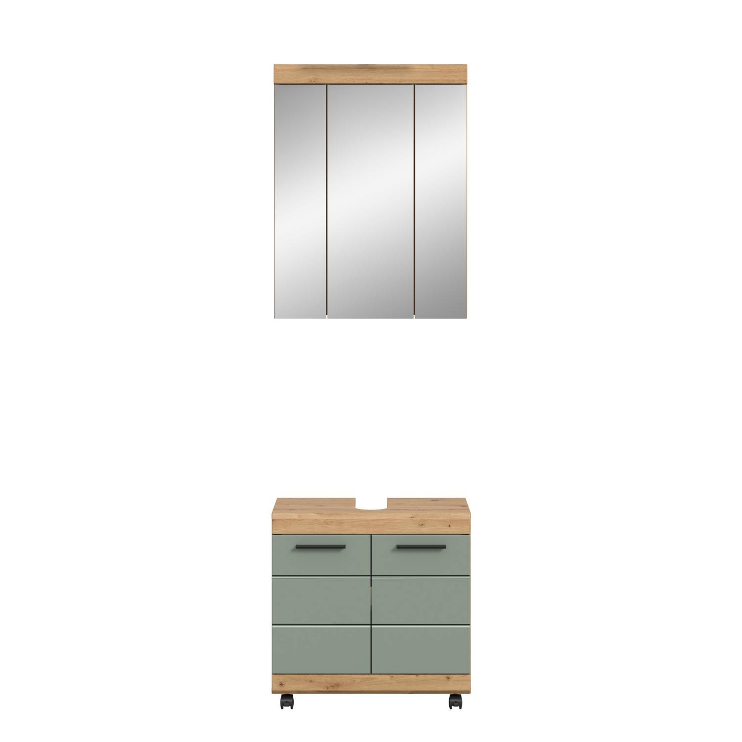 Zweiteiliges Waschplatz Set mit Spiegelschrank und Unterschrank in Holzoptik und Mintgrün – Tamdato