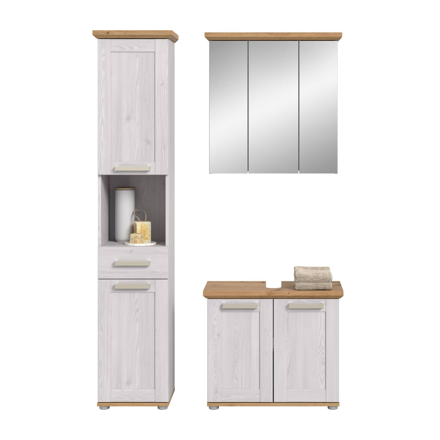 Modernes Badmöbel Set Tocella bestehend aus Hochschrank, Spiegelschrank und Unterschrank für Bäder – Tocella