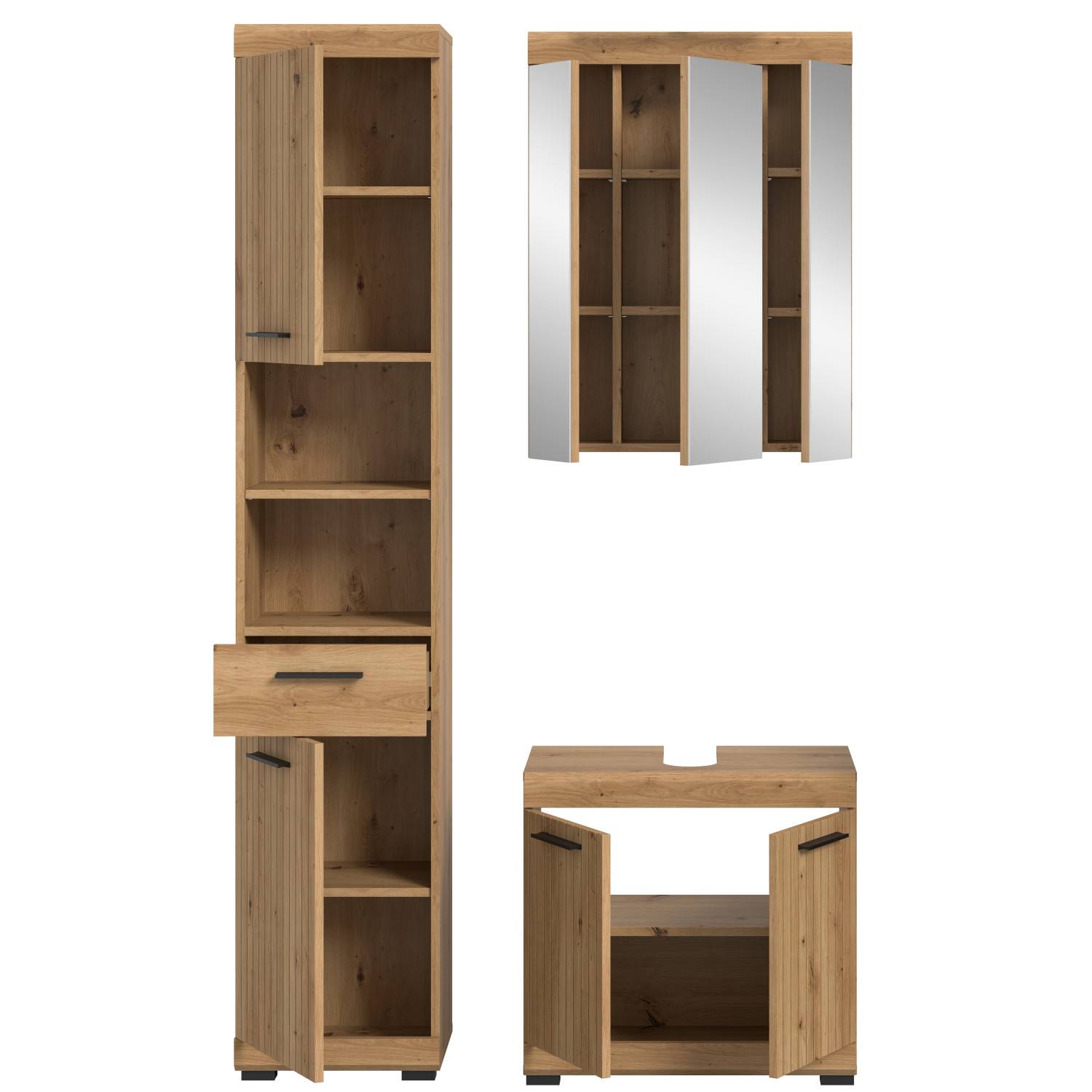 Dreiteiliges Badezimmerset in Artisan Holzdekor mit Hochschrank, Spiegelschrank und Waschtischunterschrank – Lasewood