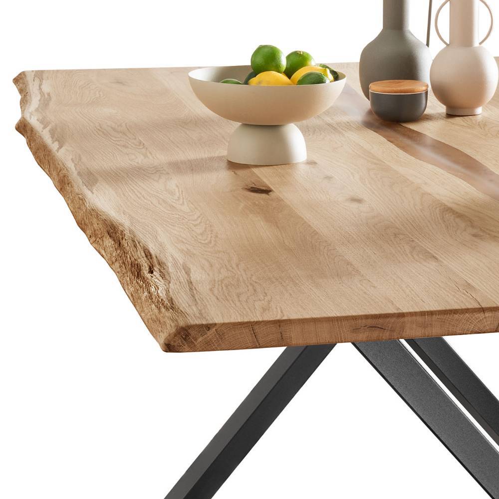 Wildeiche Naturkanten-Tisch mit X-Füßen - Lum