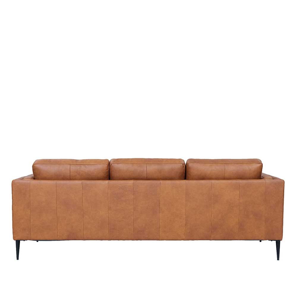 Rückansicht des bequemen Dreisitzer Sofas aus braunem Leder – Lespavo