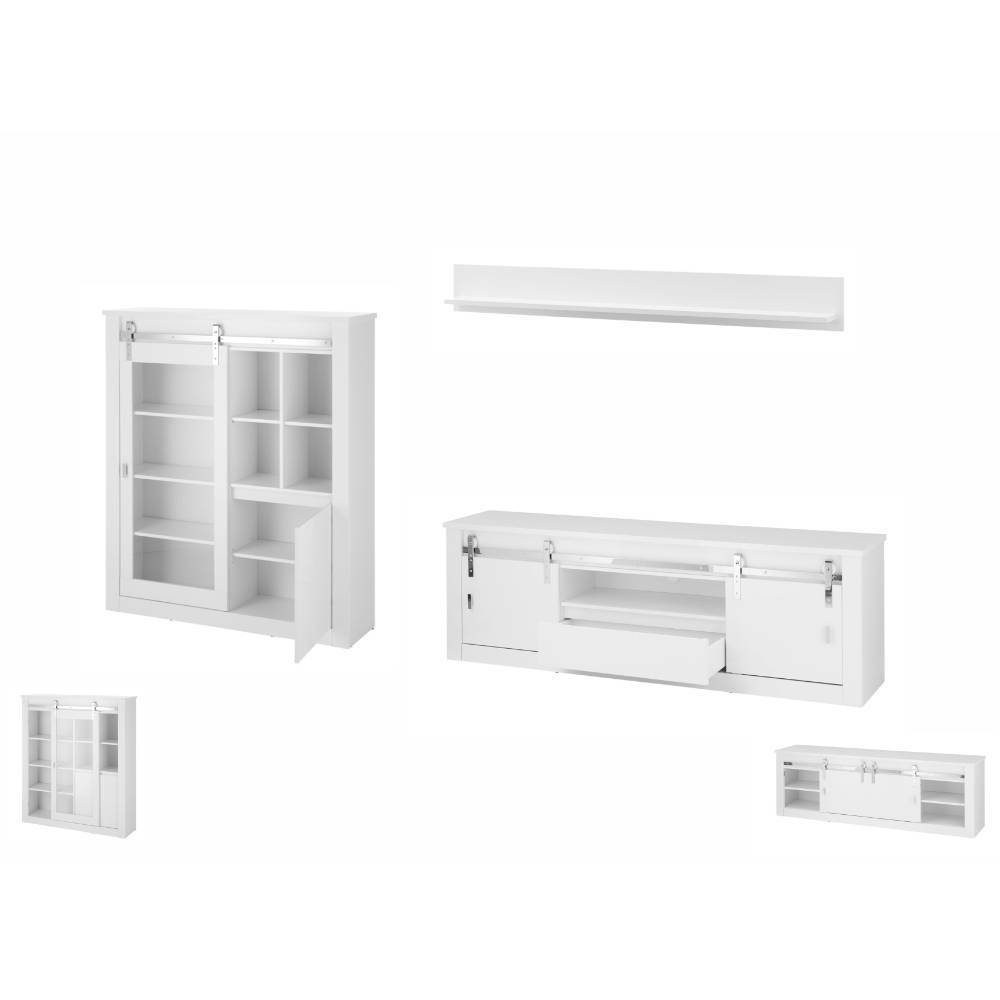 Weißes dreiteiliges Anbauwand Möbel Set mit Vitrine, TV-Lowboard und Wandregal – Memphys
