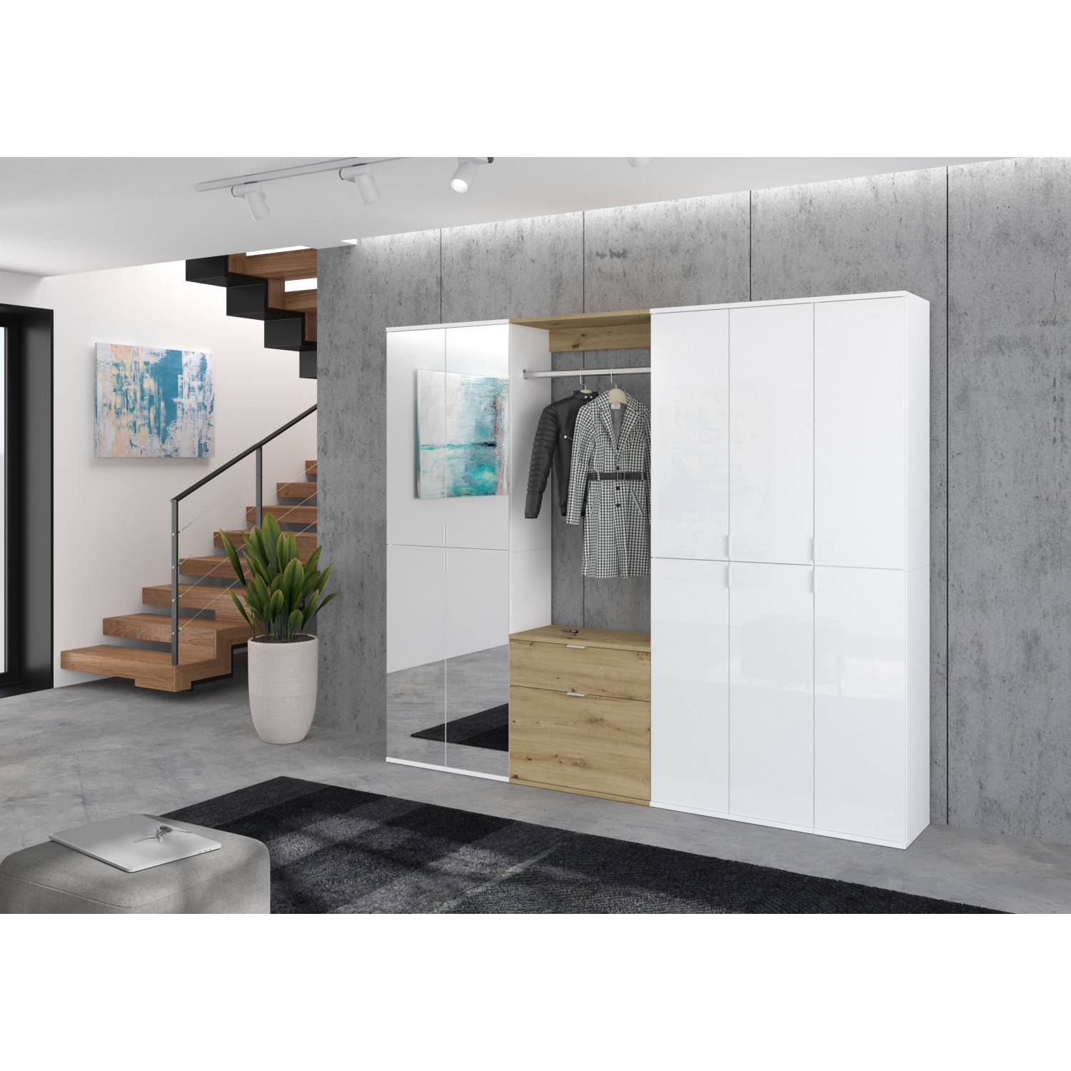 Garderobenmöbel in moderner Diele mit viel Platz und Spiegelfronten – Ejulia
