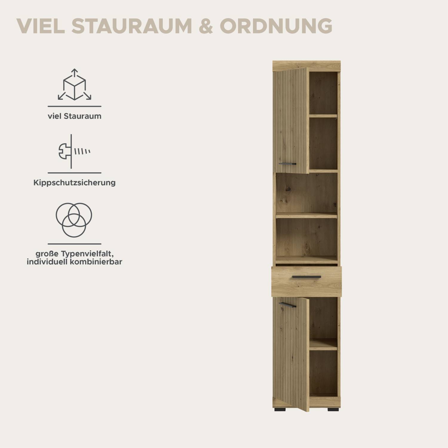 Stauraumwunder Hochschrank mit Kippschutzsicherung und individuellen Kombinationsmöglichkeiten für Ihr Bad – Lasewood