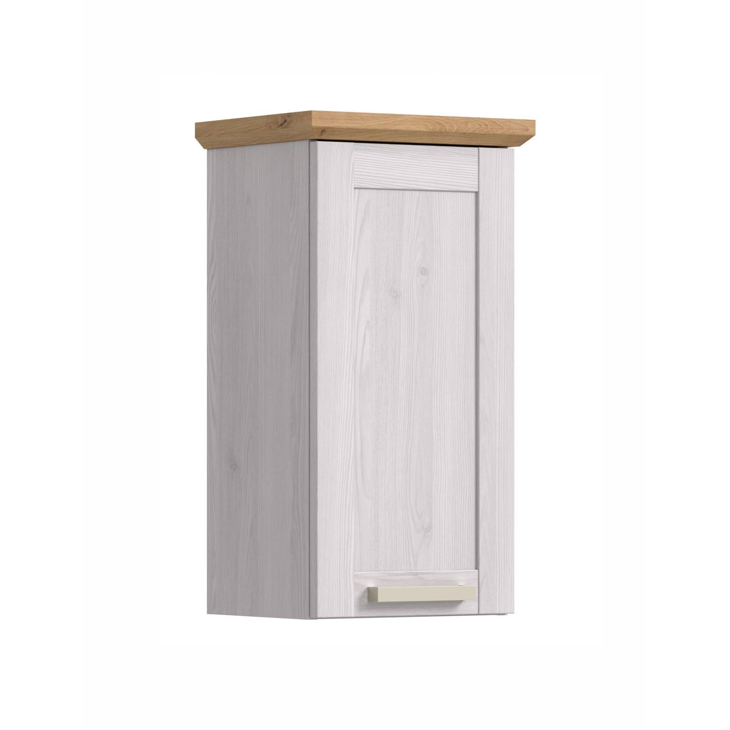 Eleganter weißer Hängeschrank mit heller Holzplatte und schmaler Bauweise für das Badezimmer – Tocella