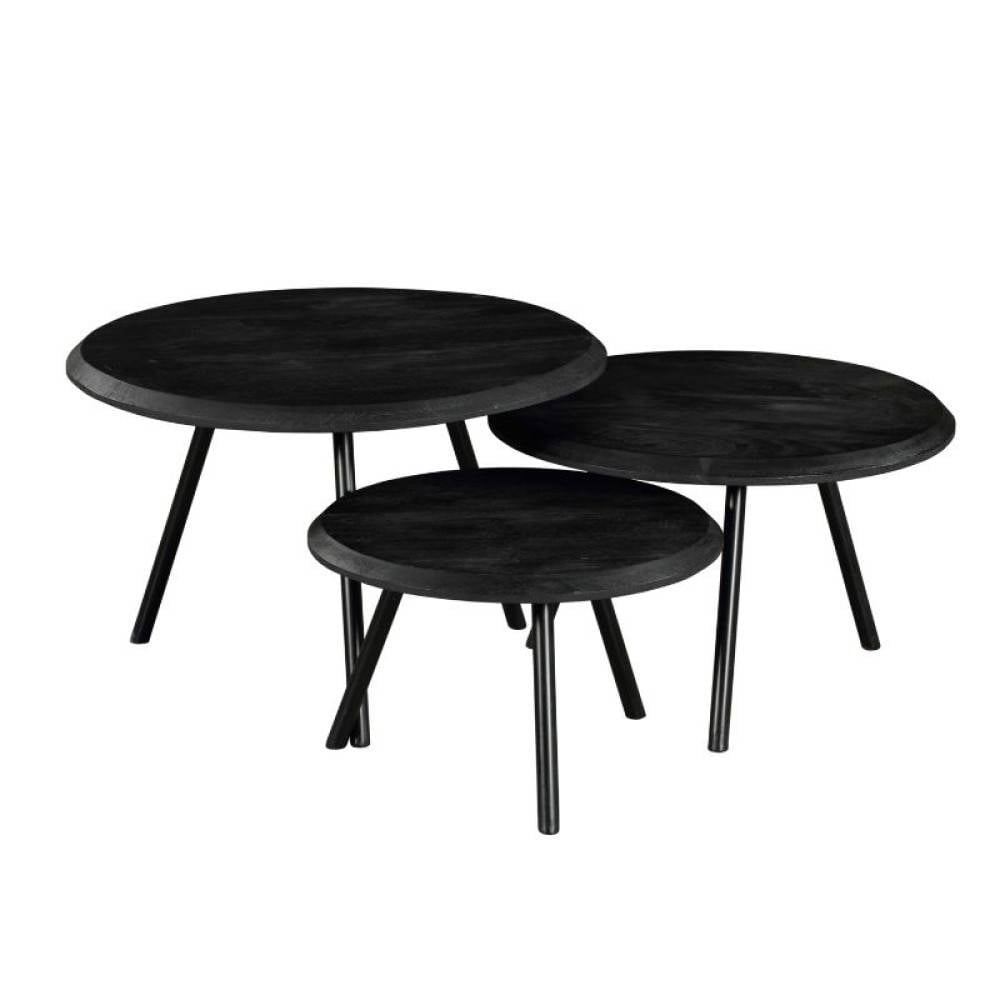 Dreiteiliges rundes Couchtisch-Set in Schwarz mit Industrial-Design und stabilen Metallbeinen – Mellama