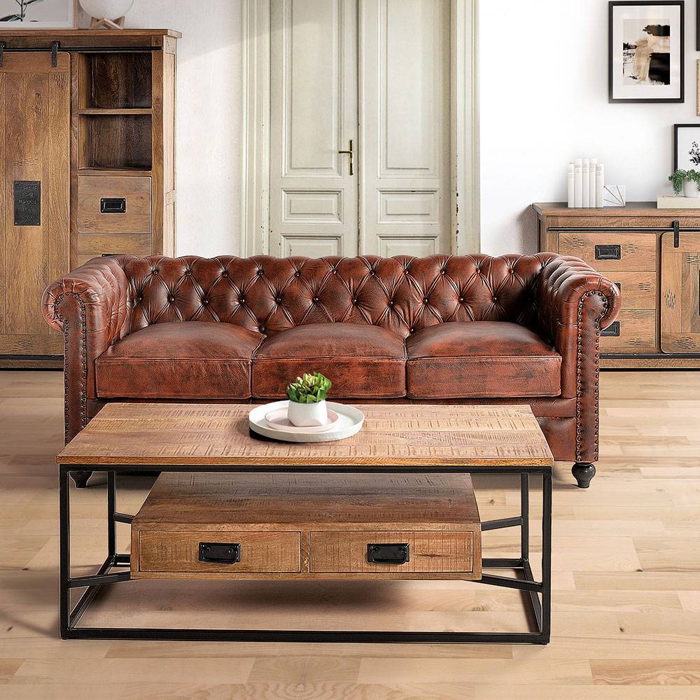 Chesterfieldsofa mit Lederbezug in Kastanienbraun - Pavias