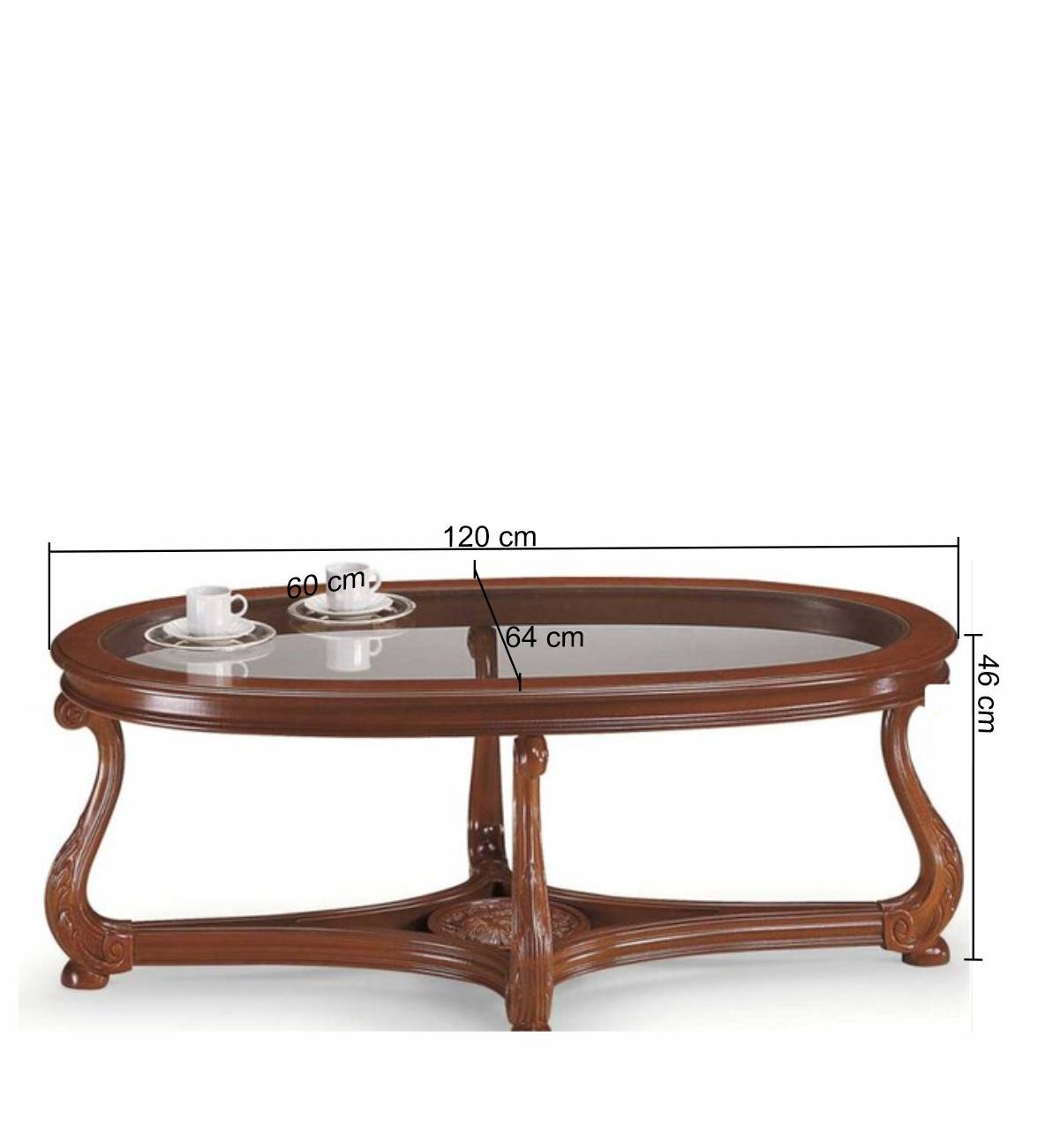 Italienisches Design Glas Couchtisch in Oval mit Holzgestell Nussbaumfarben