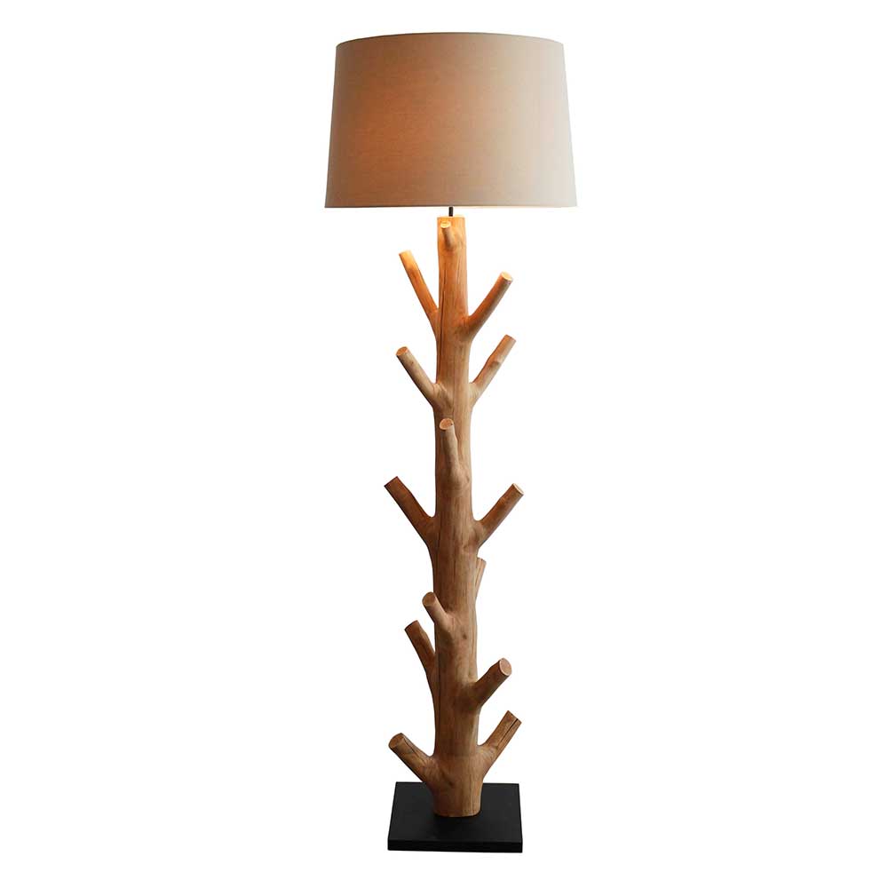 Stehlampe mit Stoffschirm und Naturholz Fuß - Longli