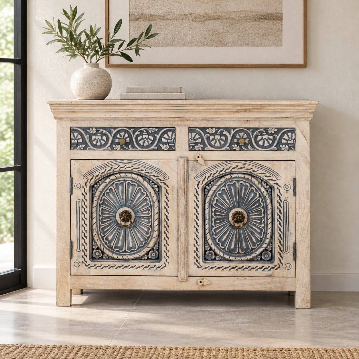 Boho Türen-Kommode aus Mangoholz in Blaugrau und Sand
