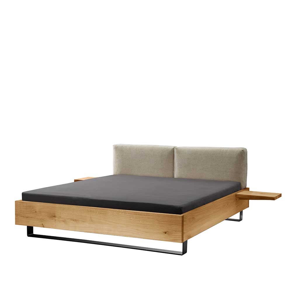 140x200 Bett mit Chenille Kopfteil & Wildeiche Rahmen - Aljawis (dreiteilig)