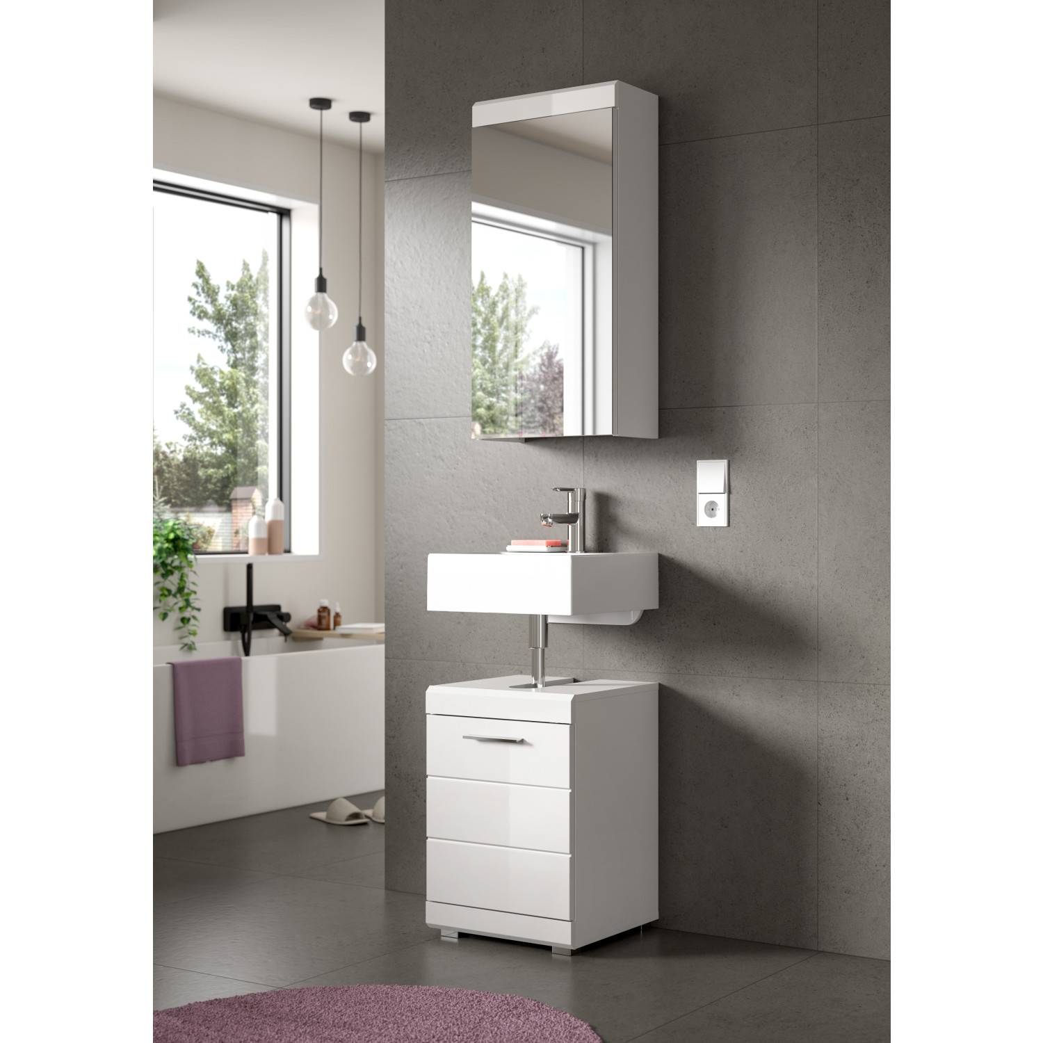 Moderner Badschrank mit Spiegeltür über Waschbecken und Unterschrank im Badezimmer – Nanila