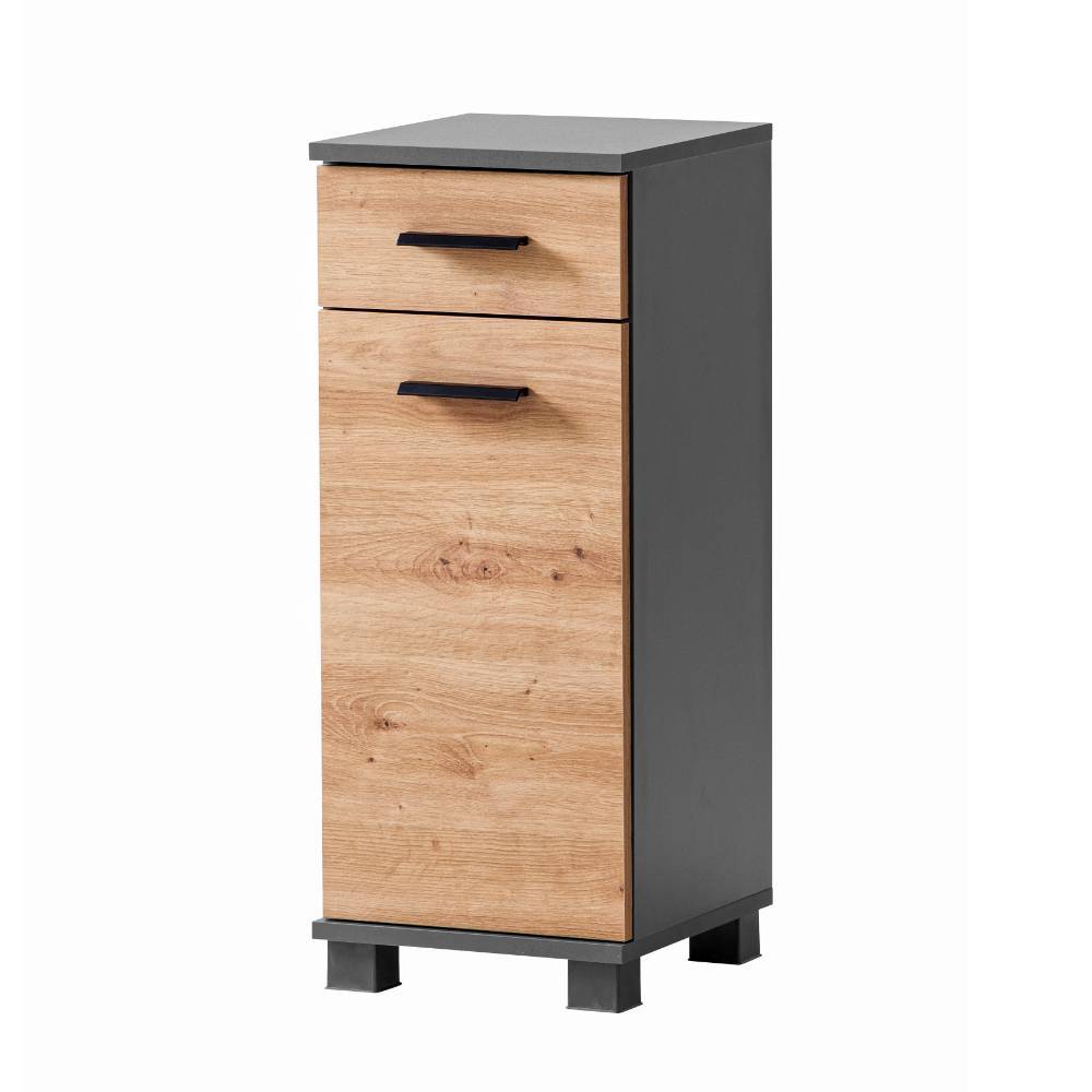 Kompakter Badschrank in Anthrazit und Wildeiche Holzoptik mit einer Schublade und einer Tür – Plicardo