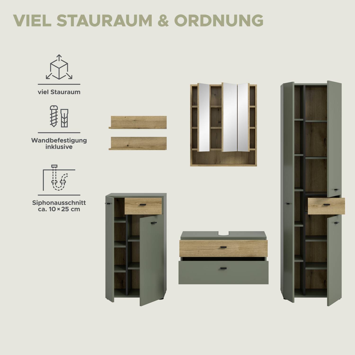 Viel Stauraum und Wandbefestigung für das fünfteilige Badmöbel Set – Jubby