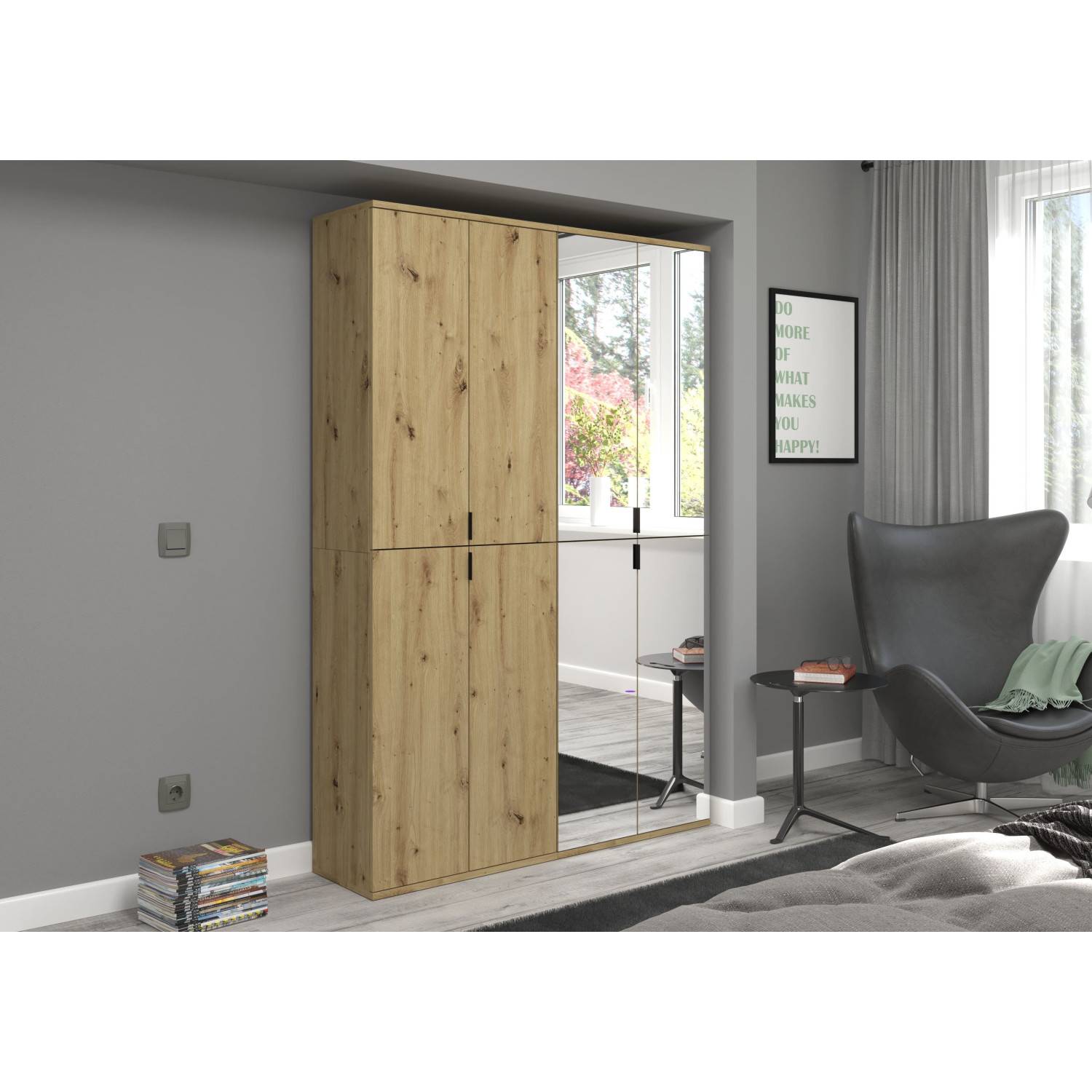 Kleiderschrank mit zwei Spiegeltüren und zwei Holztüren in heller Holzoptik – Pretty