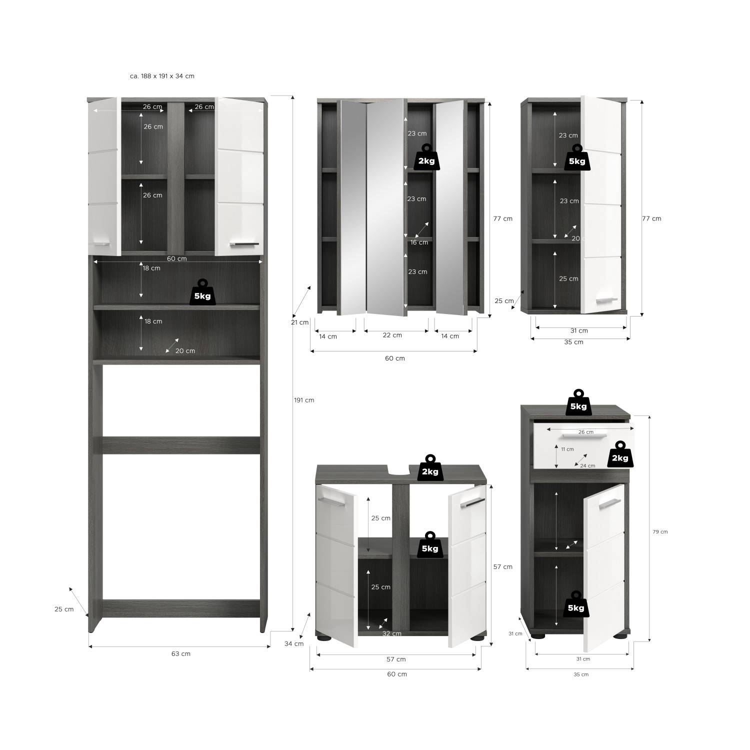 Fünfteiliges Badezimmermöbel Set mit Spiegelschrank und Maßen – Chapan