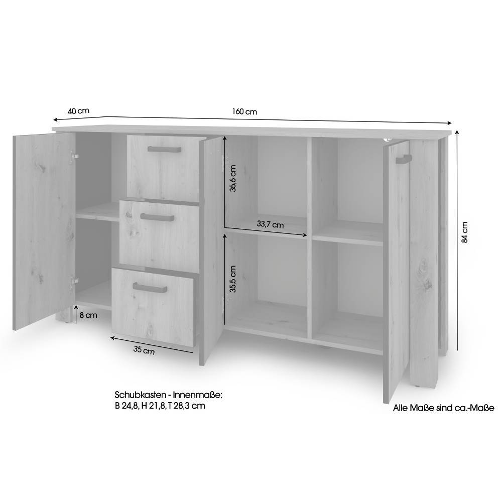 Sideboard in Wildeiche Optik mit Maßen und Abmessungen für Wohnzimmer oder Essbereich – Monte