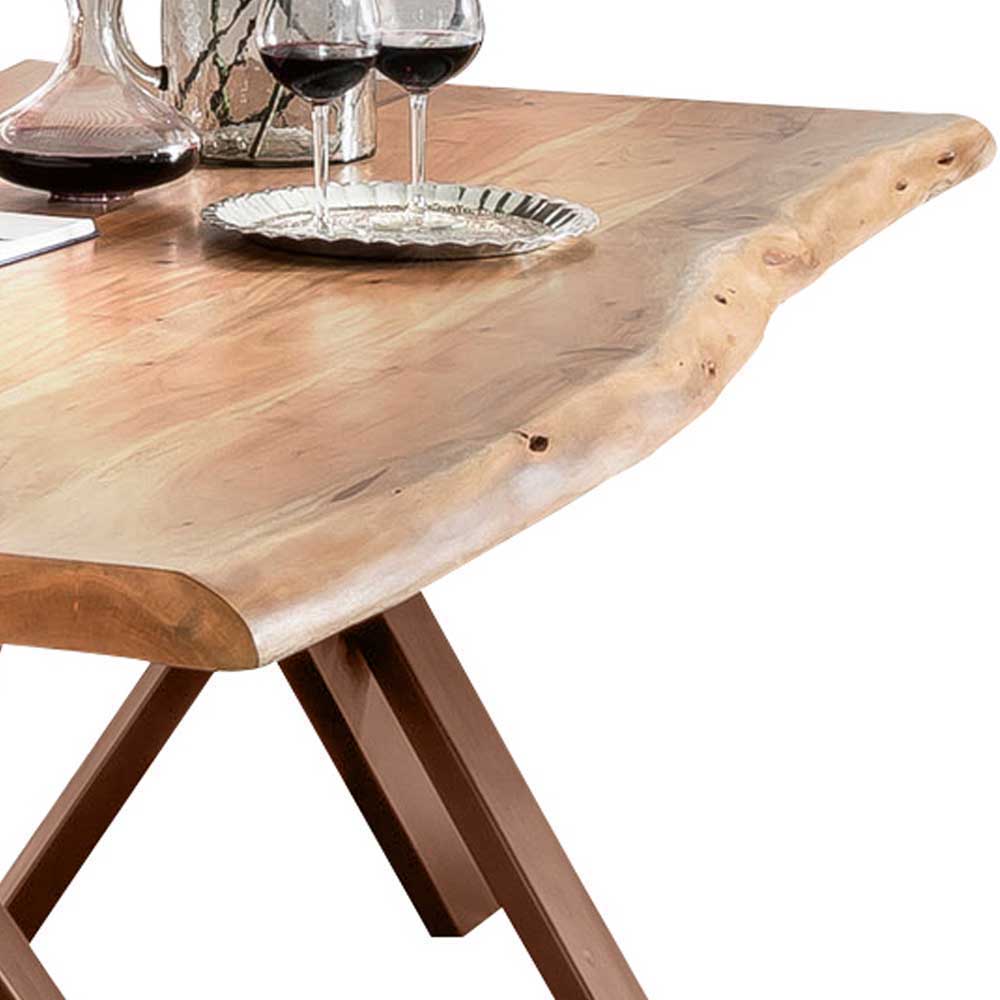 Tisch mit dicker Holzplatte Baumkante Nagati & Stahl Antik-Braun