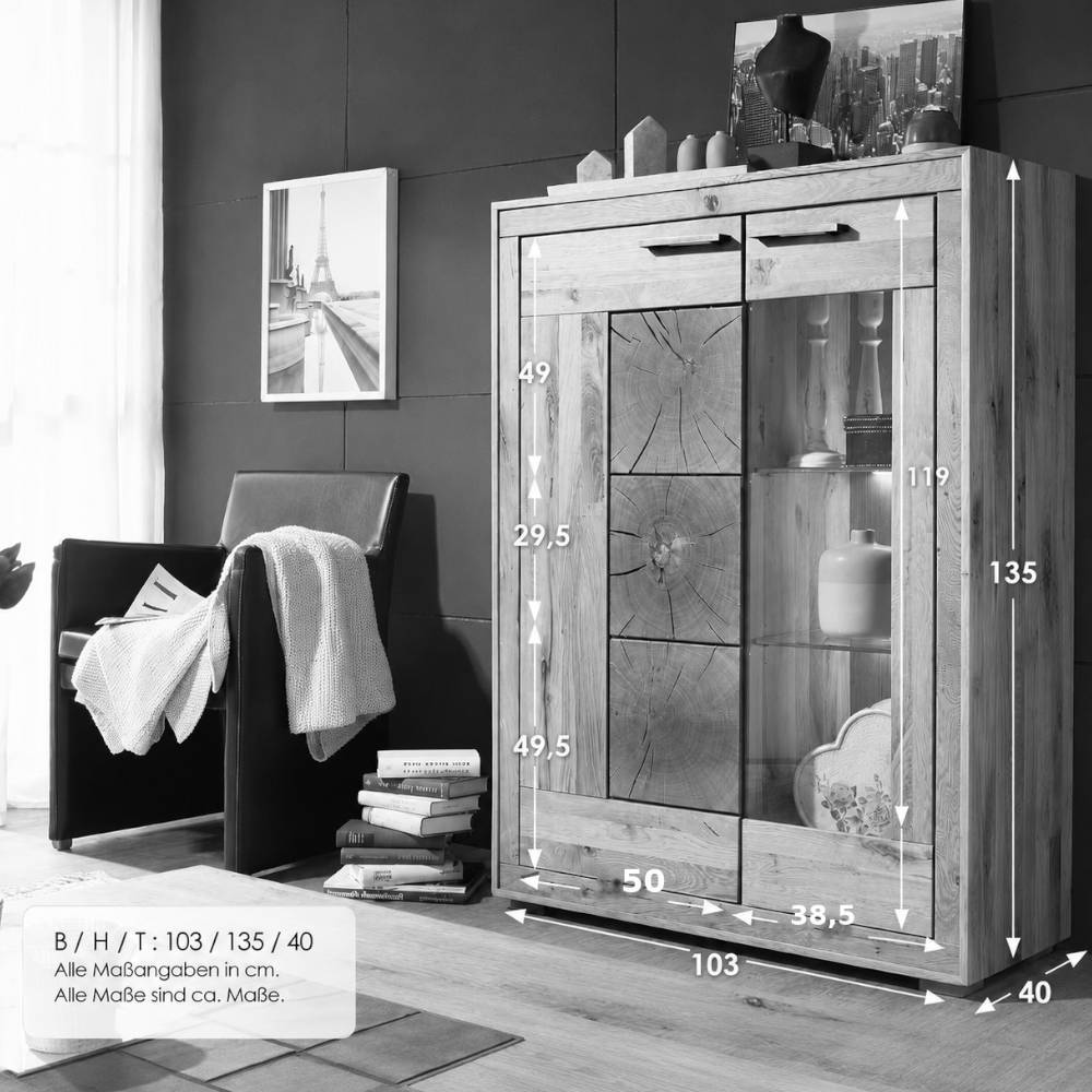 Modernes Highboard Vitrine aus Eiche mit Hirnholz Dekor und detaillierten Maßen – Troncon