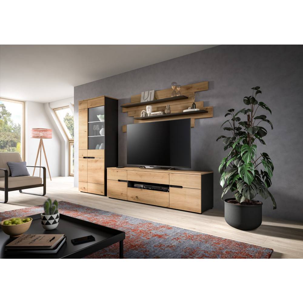 Moderne Wohnwand mit Vitrine, TV-Lowboard und Wandregal im Wohnzimmer – Irysma