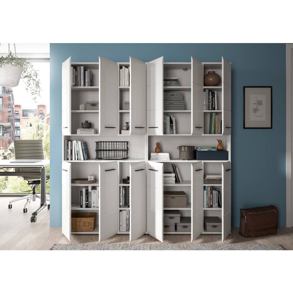 Weißer Büroschrank zweiteilig mit offenen Türen, gefüllt mit Büchern und Büroartikeln als Regal – Clona