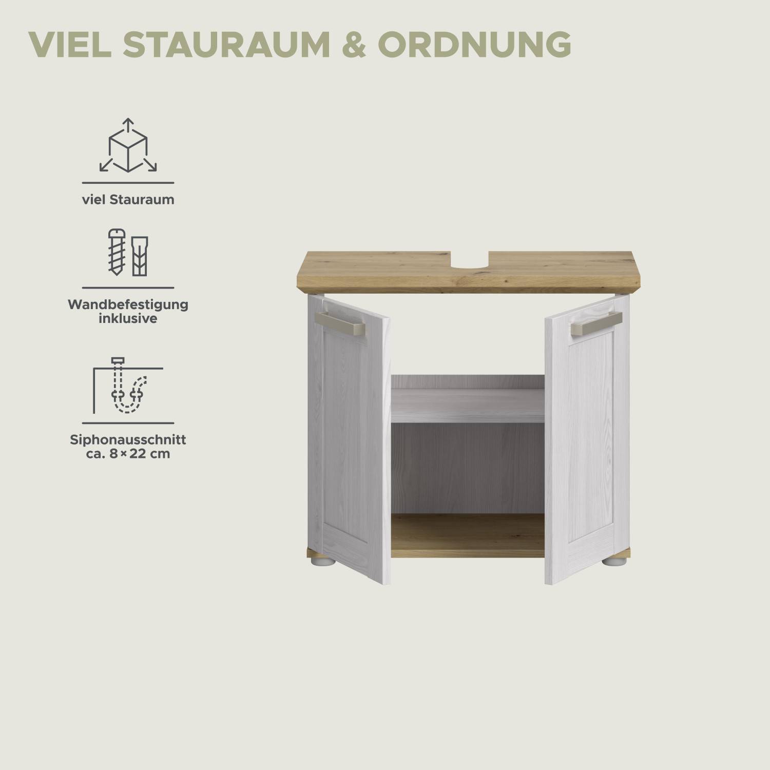 Waschtischunterschrank mit viel Stauraum, Wandbefestigung und praktischem Siphonausschnitt – Tocella