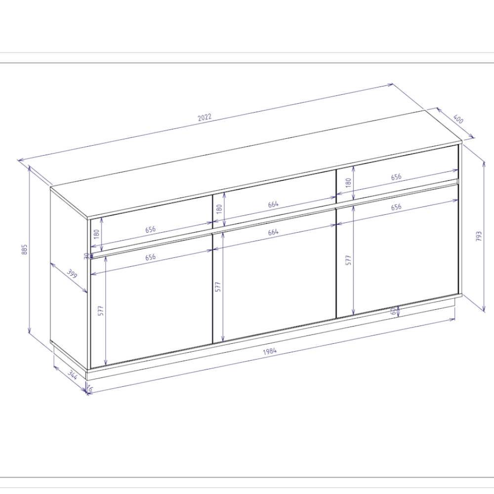 Sideboard 202cm Maße und Abmessungen technische Zeichnung hellgrau – Spain