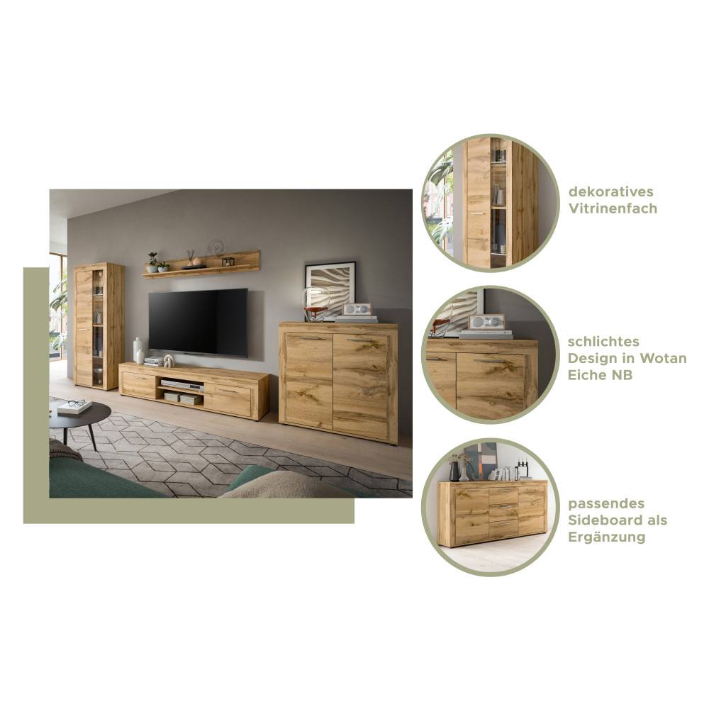 TV Wand Set mit Vitrinenfach und schlichtem Design in Wotan Eiche NB im Wohnbereich – Ianovar