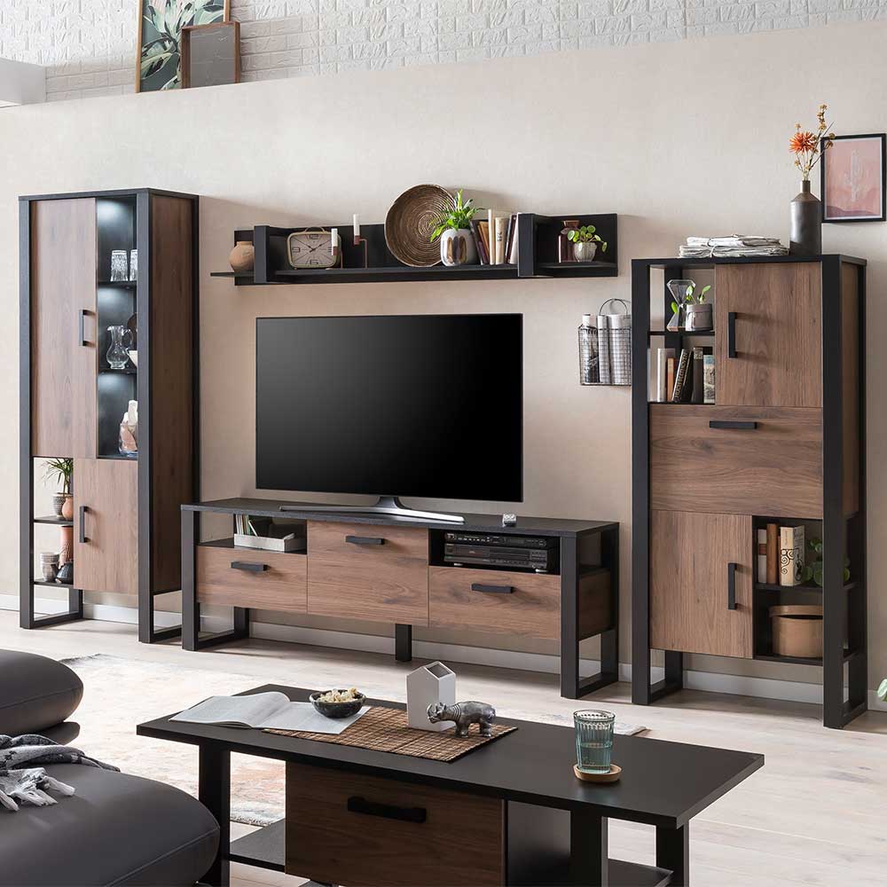 design tv wohnwand möbel-set in nussbaum nb & schwarz - dudleys