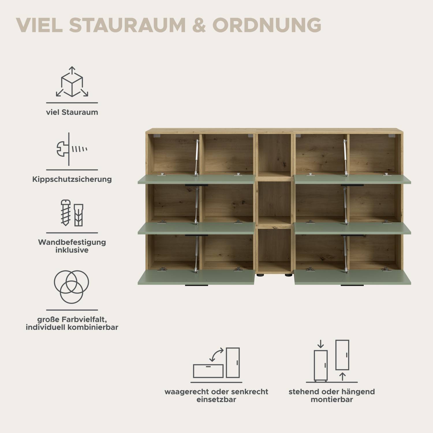 Modulares Regal mit mintgrünen Klapptüren, viel Stauraum und flexible Montage – Jonni