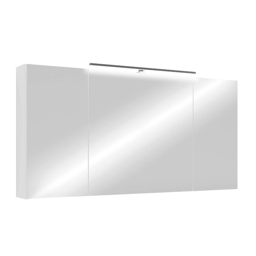 Weißer Spiegelschrank 120 cm mit Spiegeltüren und integrierter Beleuchtung in Schrägansicht – Esterava