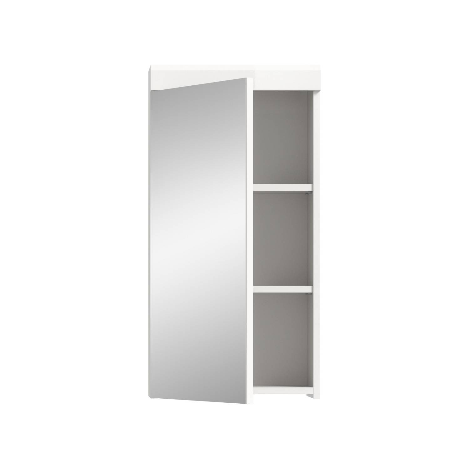 Weißer Wand Badschrank mit Spiegeltür offen und zwei Ablagefächern innen – Nanila