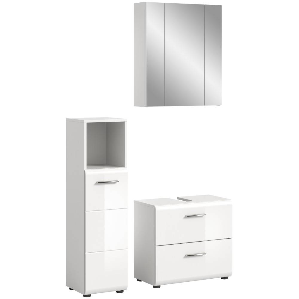 Badschrank Spiegelkombination dreiteilig weiß mit Waschtischunterschrank und Hochschrank – Clona