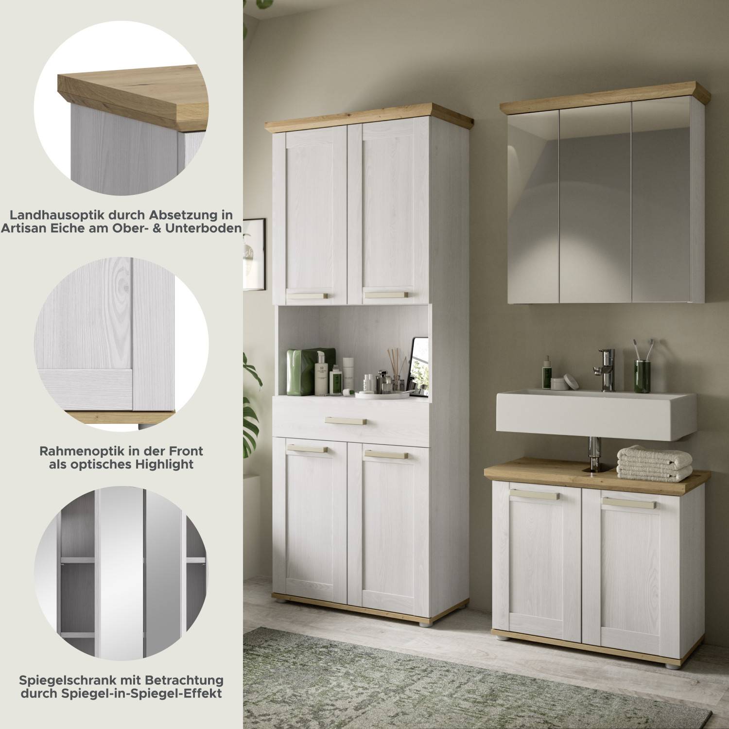 Details des Badmöbel Sets mit Artisan Eiche Absetzungen, Rahmenfronten und Spiegelschrank – Tocella