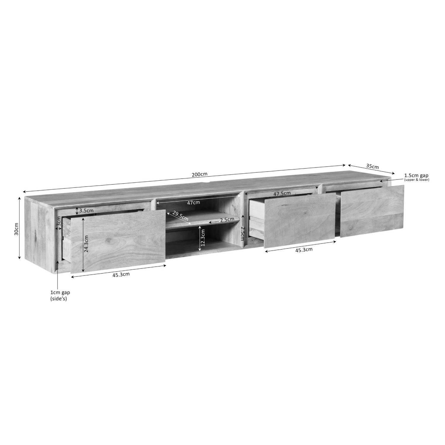 Schwarzes TV Board wandhängend mit allen Maßen und Abmessungen – Rondra