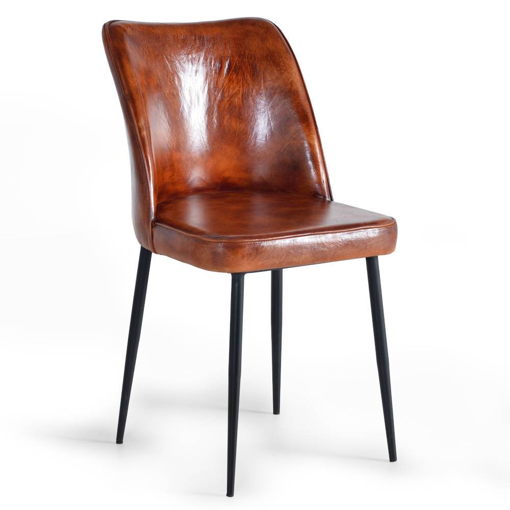 Moderner Lederstuhl in Cognac Braun mit ergonomischer Form und schwarzen schmalen Beinen – Kanmura