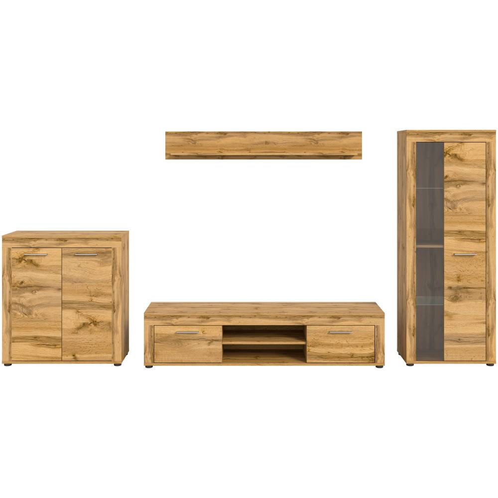 Vierteiliges Wohnzimmermöbel-Set in heller Eichenoptik mit TV-Element, Schrank und Regal – Ianovar