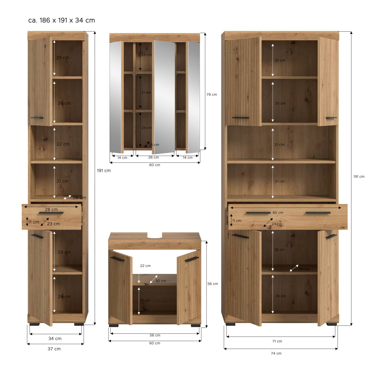Maße und Abmessungen des vierteiligen Badezimmersetts mit Hochschrank, Spiegelschrank und Waschtisch – Lasewood