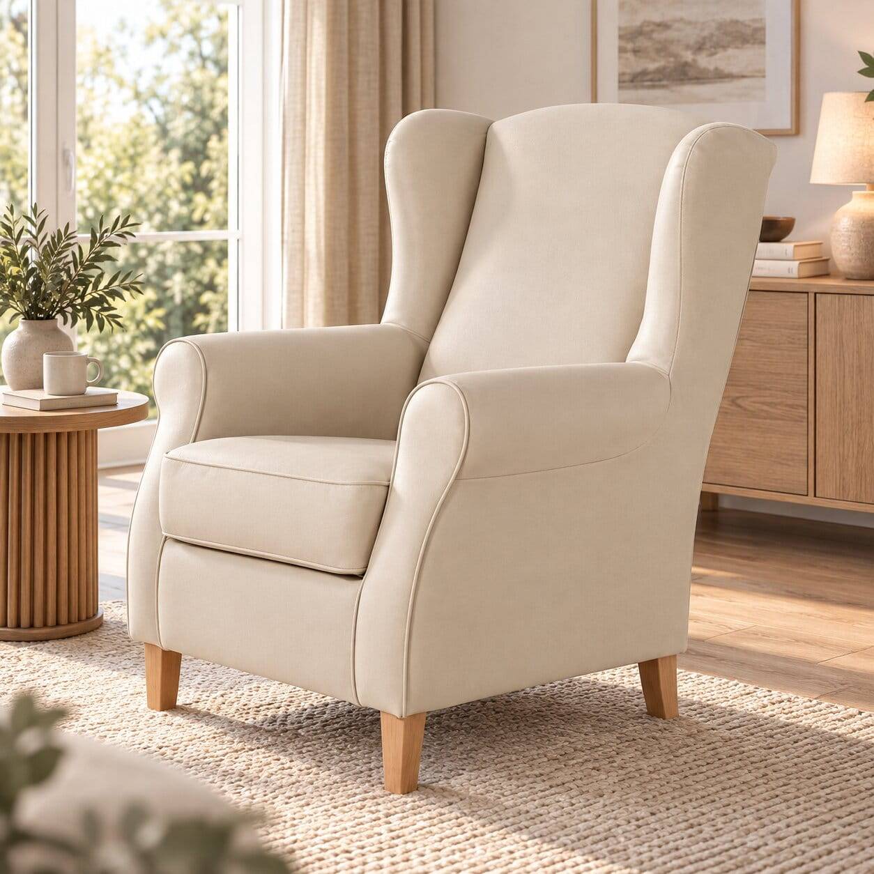 Kunstledersessel in Beige mit Buche Natur - Charleen