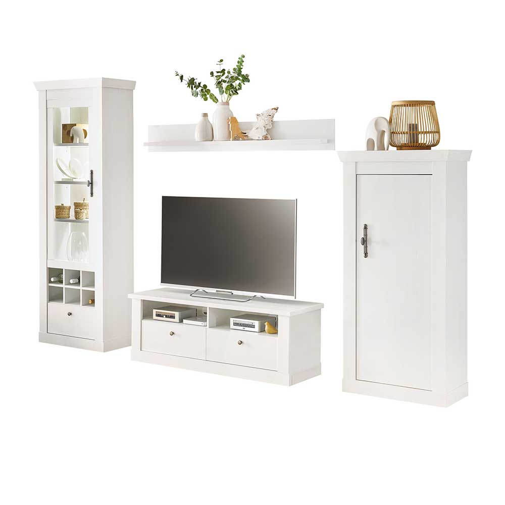 Vierteilige Wohnzimmerwohnwand in weißer Holzoptik Pinie mit Vitrine, TV-Lowboard, Regal und Schrank – Liancos