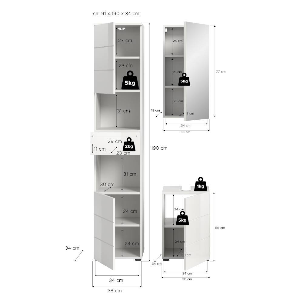 Schlanke Badmöbel Kombi - 76 cm breit - Vitablos (dreiteilig)