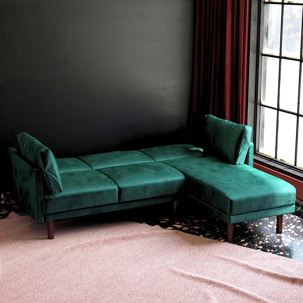 L-Sofa mit Schlaffunktion aus grünem Samt - Oladan