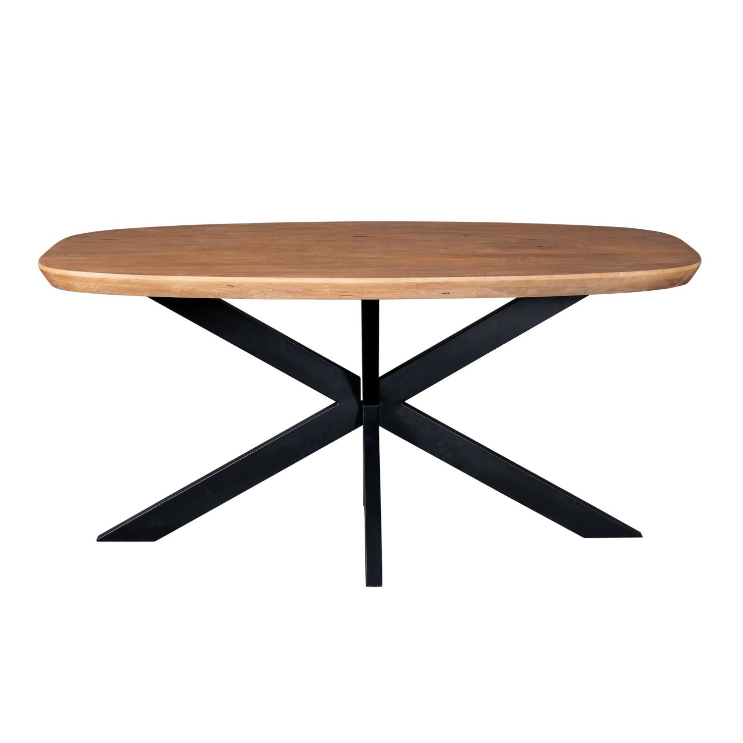 Ovaler Holztisch aus Mangoholz mit stabiler schwarzer Spinnengestell-Basis für das Esszimmer – Kojas
