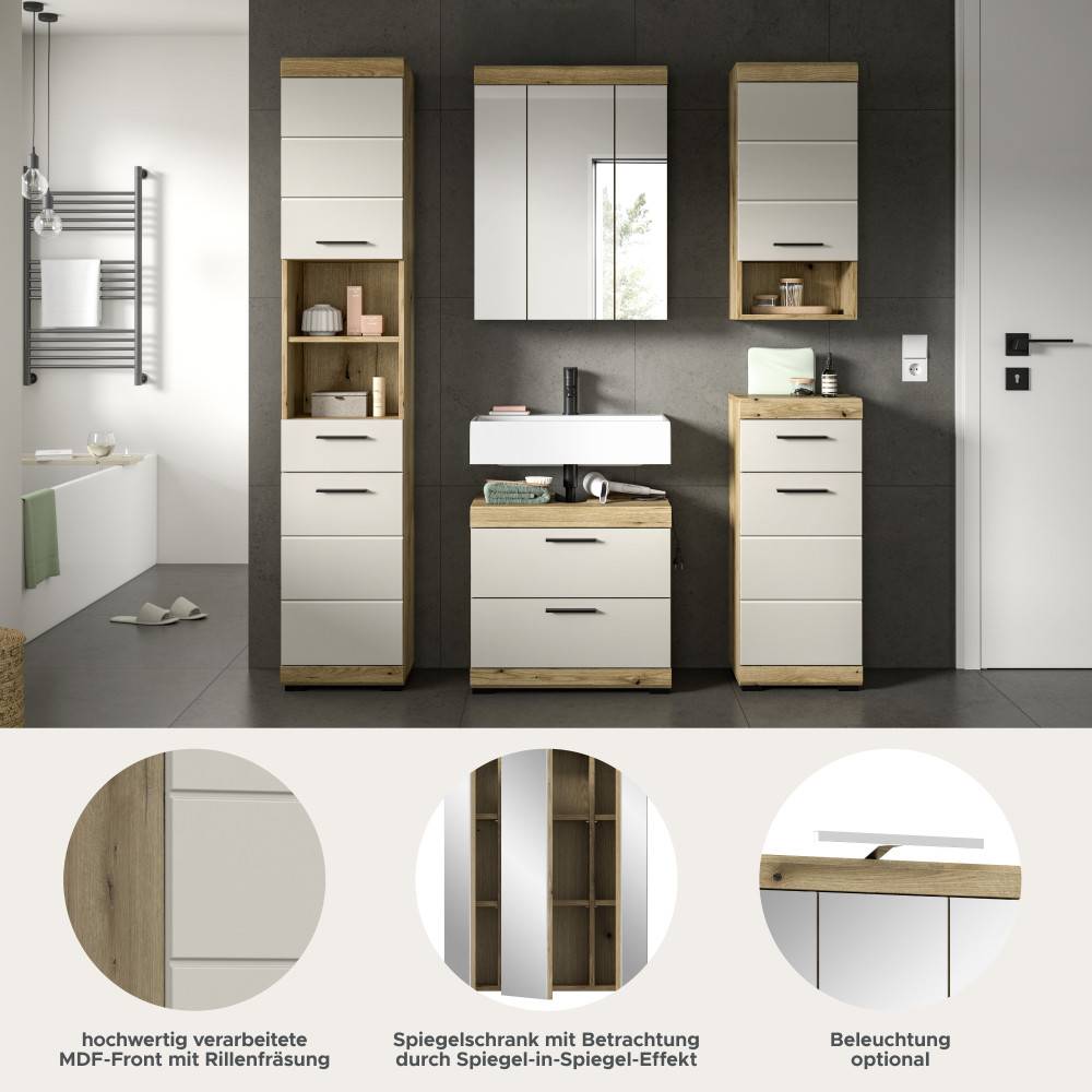 Hochwertige MDF-Front mit Rillenfräsung, Spiegelschrank mit Spiegeleffekt und optionaler Beleuchtung – Casserra