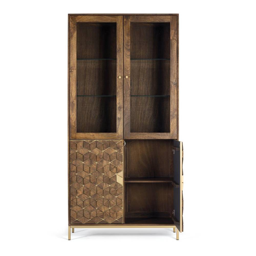 Design-Vitrinenschrank in Walnussbraun und Gold - Rasimo